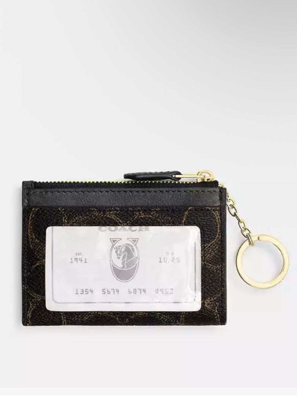 Coach Mini Skinny ID Case in Black and Brown Signature Canvas with Gold Keyring - Picture 3 of 11
